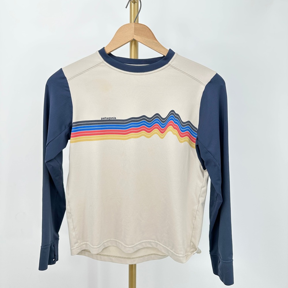 Patagonia Kids Capilene Silkweight Long Sleeve‎ Shirt Medium 10 Cream Navy Retro